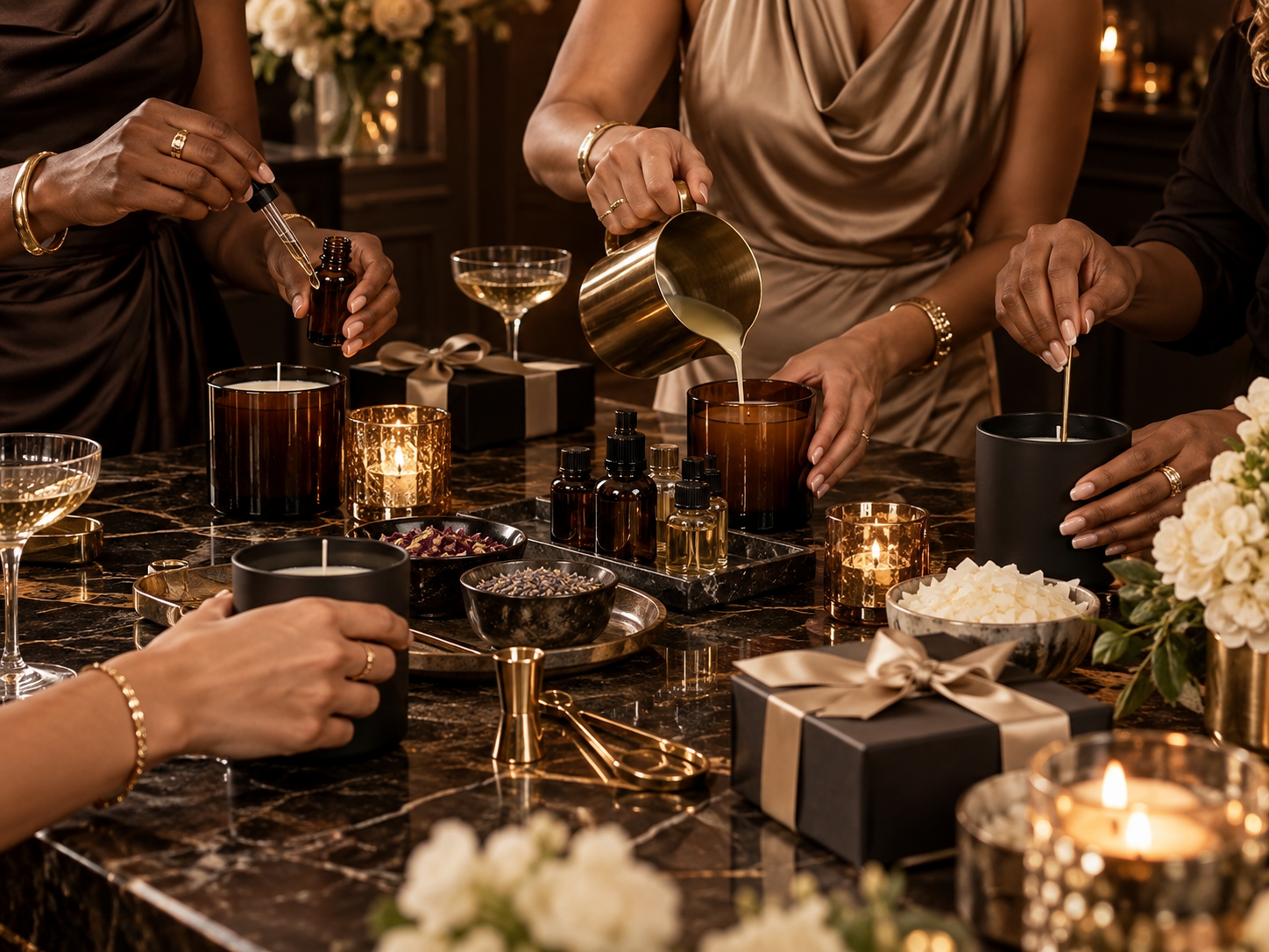 Hands pouring liquid wax into an amber candle vessel at an elegant table